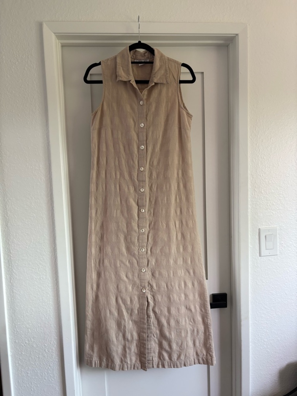 Vintage Linen Cotton Maxi Dress for Women Size M Beige Tan Sleeveless w Collar